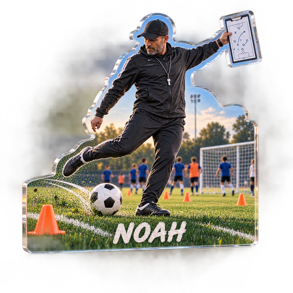 Artwork visualization: Soccer coaching — coach appreciation, personalized NOAH, subject-shaped acrylic with printed optical 3D depth; not carved relief.