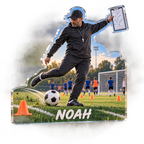 Artwork visualization: Soccer coaching — coach appreciation, personalized NOAH, subject-shaped acrylic with printed optical 3D depth; not carved relief.