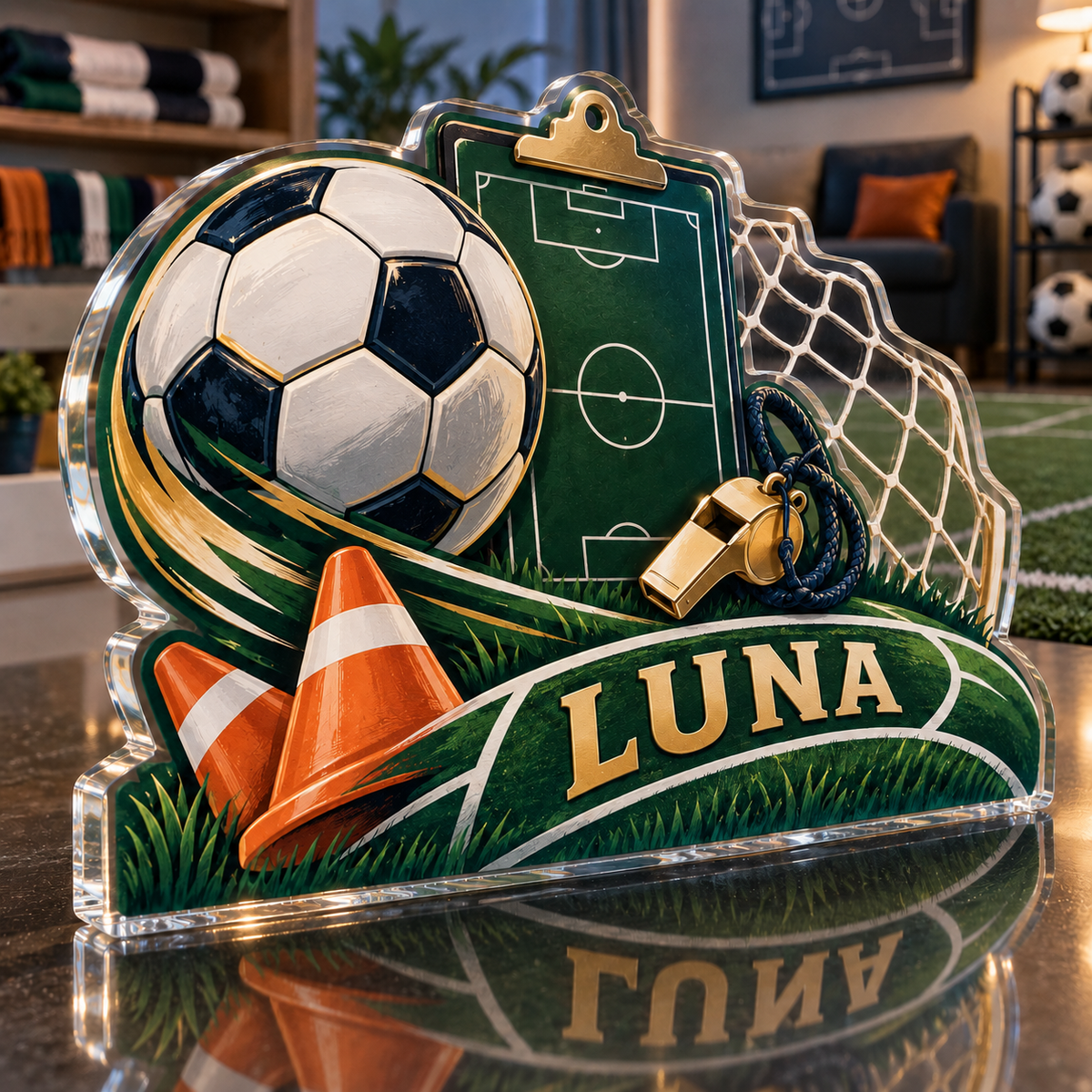 Artwork visualization: Soccer coaching — home hobby room decor, personalized LUNA, subject-shaped acrylic with printed optical 3D depth; not carved relief.