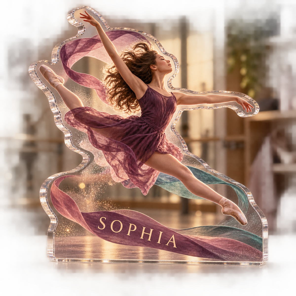 Artwork visualization: Dance practice — coach appreciation, personalized SOPHIA, subject-shaped acrylic with printed optical 3D depth; not carved relief.