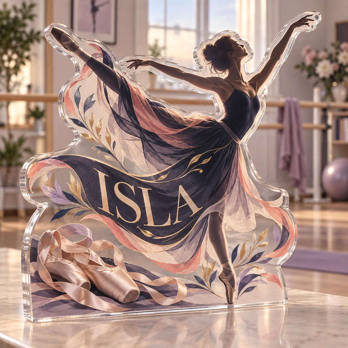 Artwork visualization: Dance practice — home hobby room decor, personalized ISLA, subject-shaped acrylic with printed optical 3D depth; not carved relief.