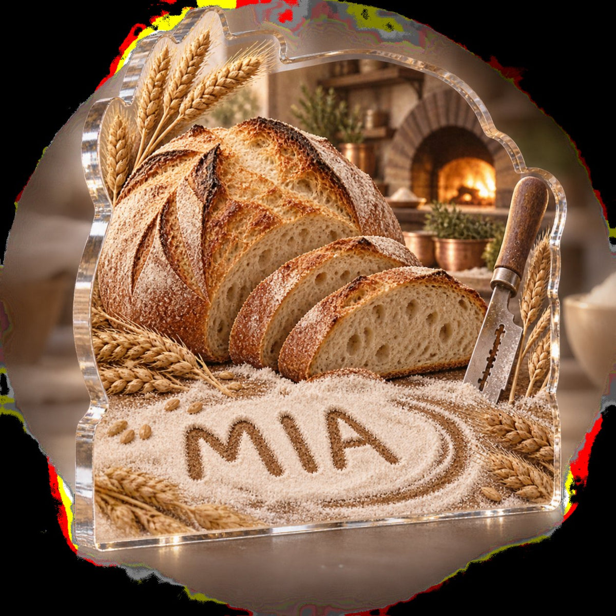 Personalized Sourdough Bread Kitchen Identity custom shape acrylic plaque with an example name set into the artwork, digital preview