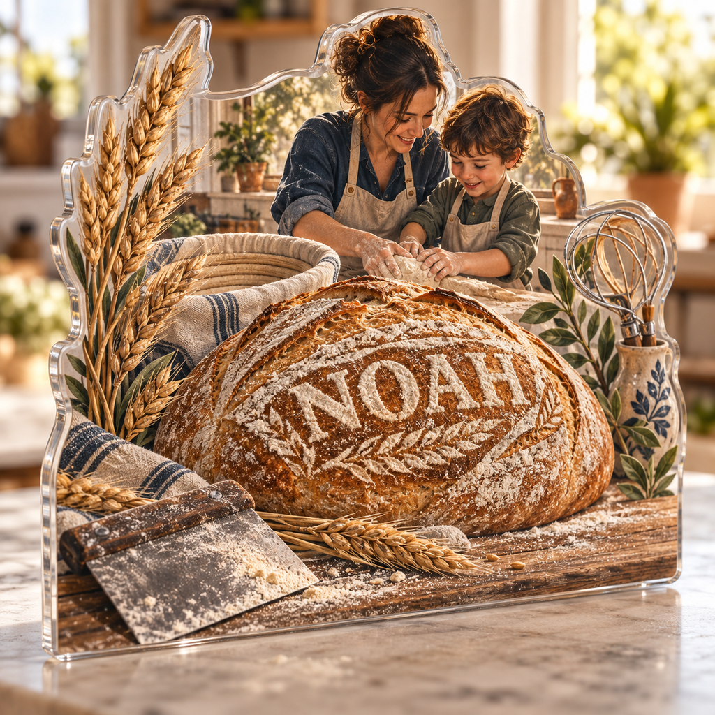 Artwork visualization: Sourdough bread — family cooking day, personalized NOAH, subject-shaped acrylic with printed optical 3D depth; not carved relief.
