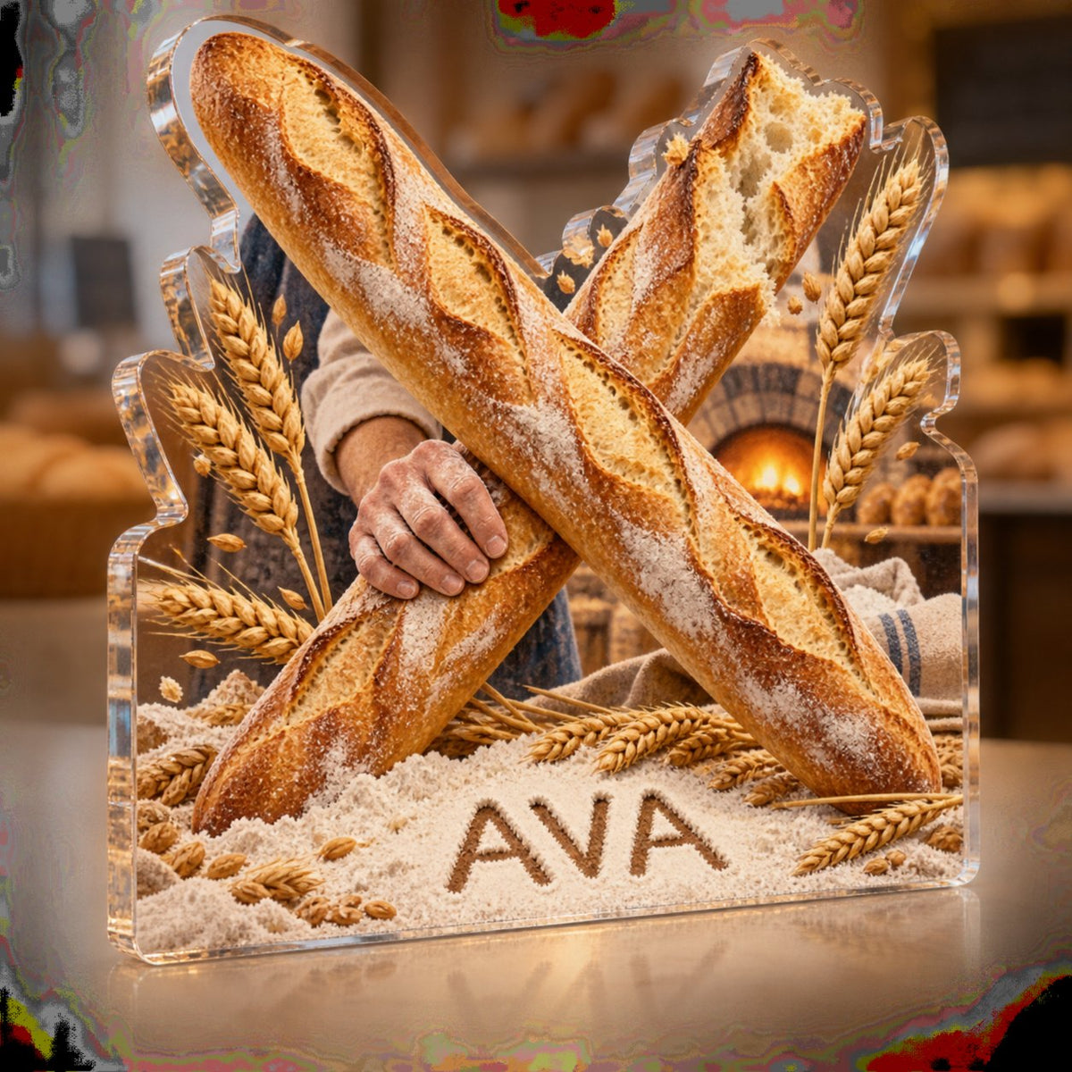 Personalized Baguette Bakery Kitchen Identity custom shape acrylic plaque with an example name set into the artwork, digital preview