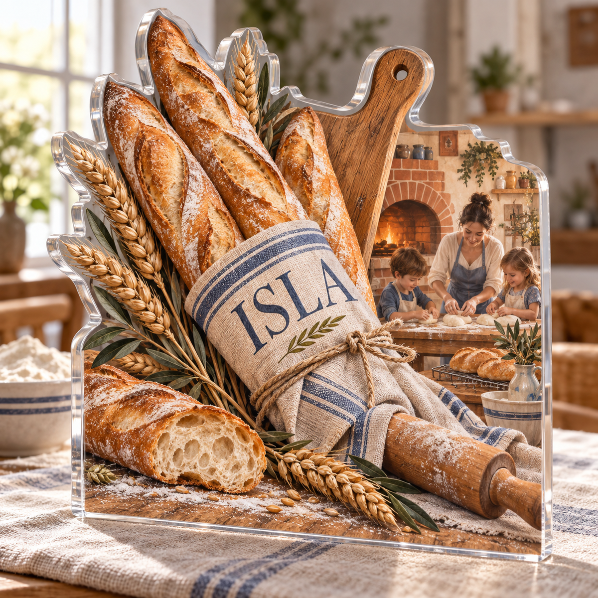 Artwork visualization: Baguette bakery — family cooking day, personalized ISLA, subject-shaped acrylic with printed optical 3D depth; not carved relief.