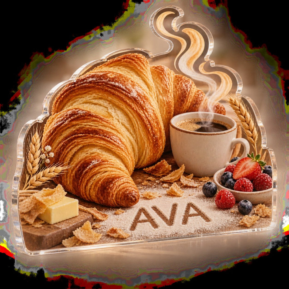 Personalized Croissant Morning Kitchen Identity custom shape acrylic plaque with an example name set into the artwork, digital preview
