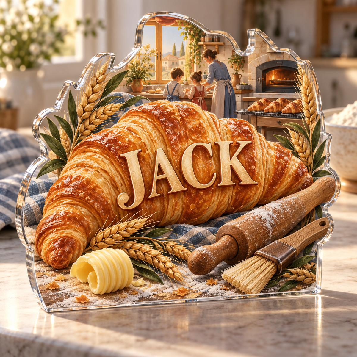 Artwork visualization: Croissant morning — family cooking day, personalized JACK, subject-shaped acrylic with printed optical 3D depth; not carved relief.