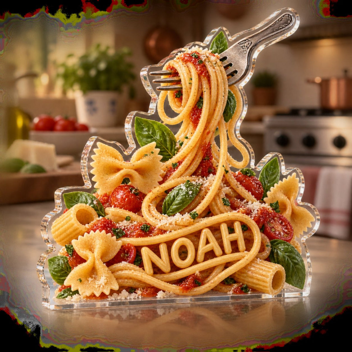 Personalized Pasta Shapes Kitchen Identity custom shape acrylic plaque with an example name set into the artwork, digital preview