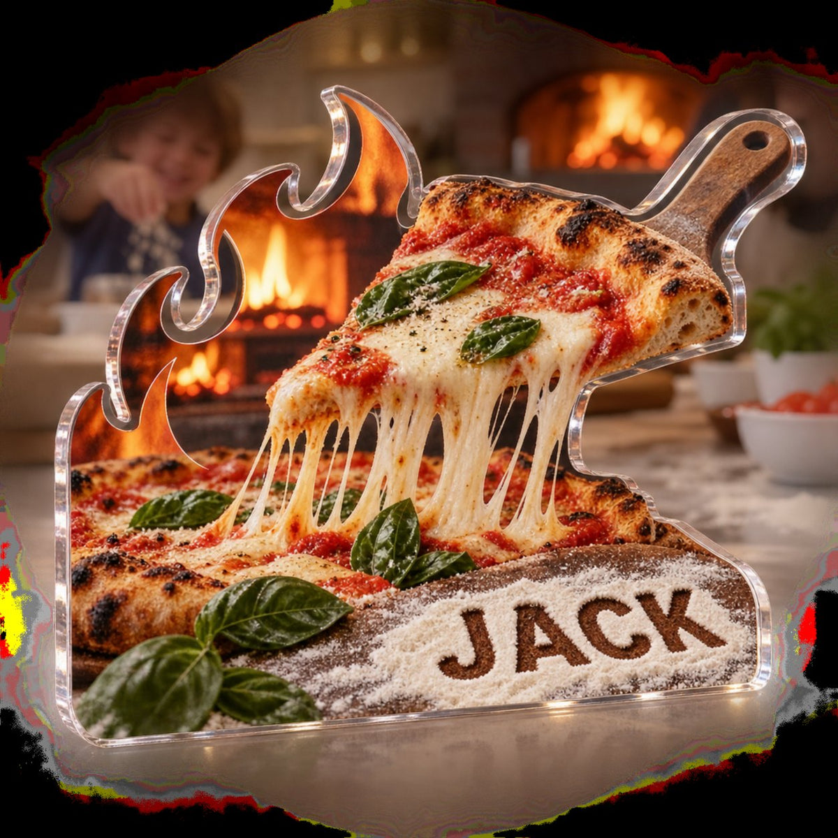 Personalized Pizza Night Kitchen Identity custom shape acrylic plaque with an example name set into the artwork, digital preview