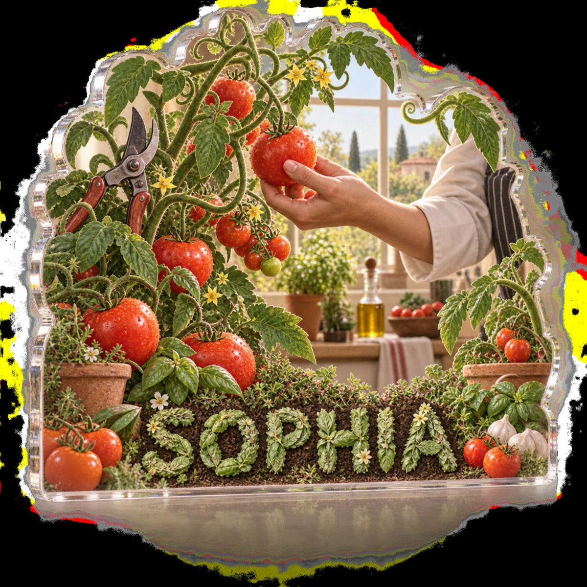 Personalized Tomato Garden Kitchen Kitchen Identity custom shape acrylic plaque with an example name set into the artwork, digital preview