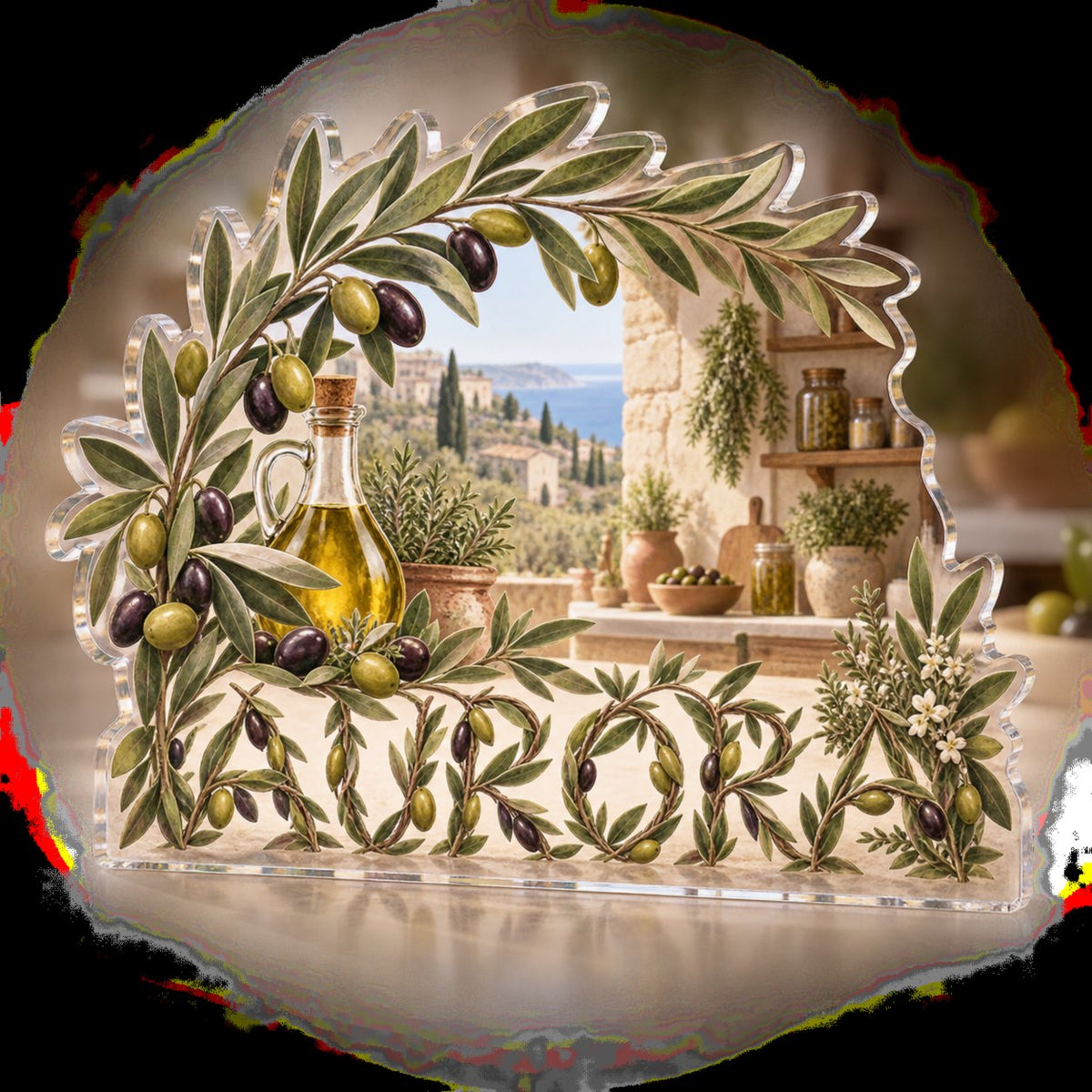 Personalized Olive Branch Pantry Kitchen Identity custom shape acrylic plaque with an example name set into the artwork, digital preview
