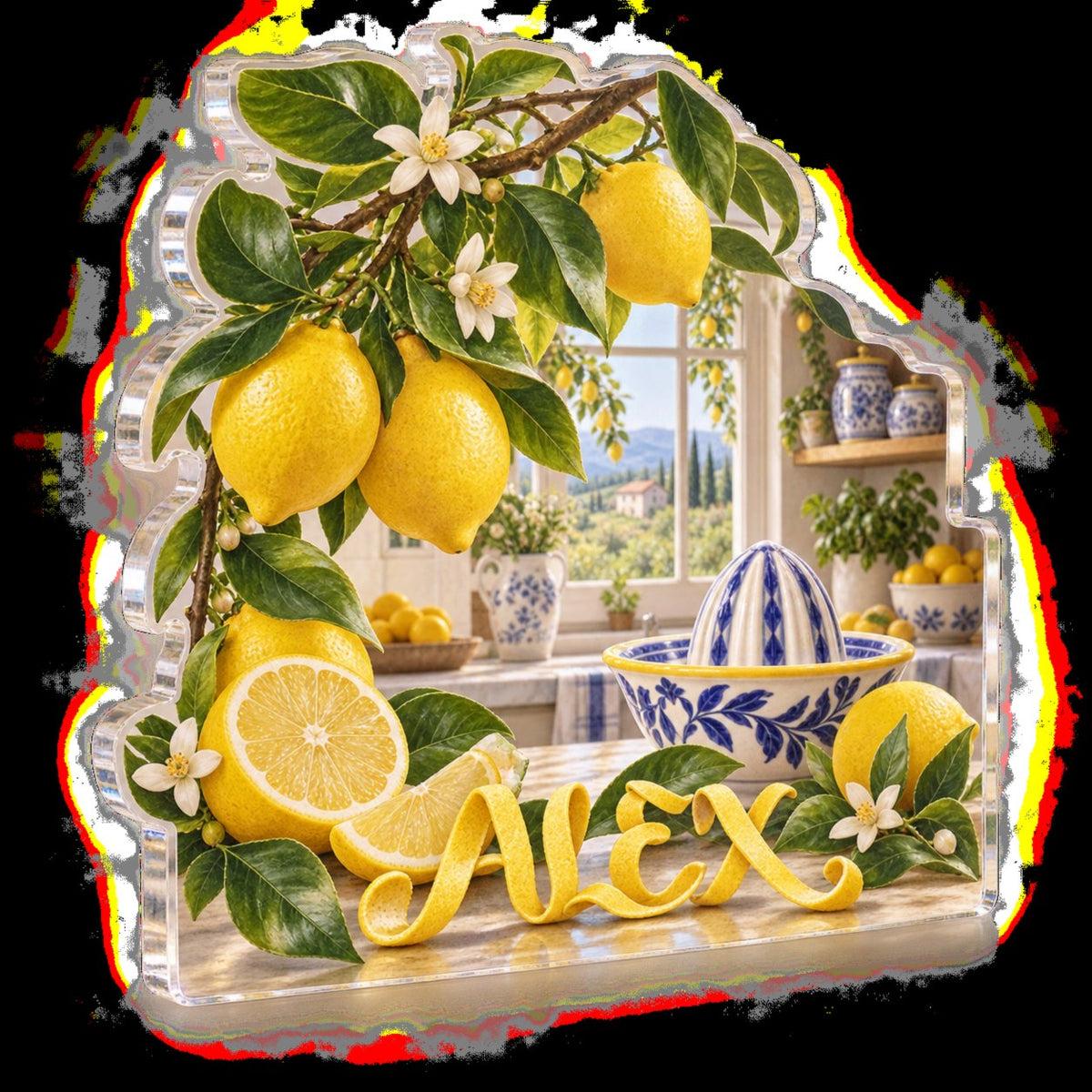 Personalized Lemon Kitchen Kitchen Identity custom shape acrylic plaque with an example name set into the artwork, digital preview
