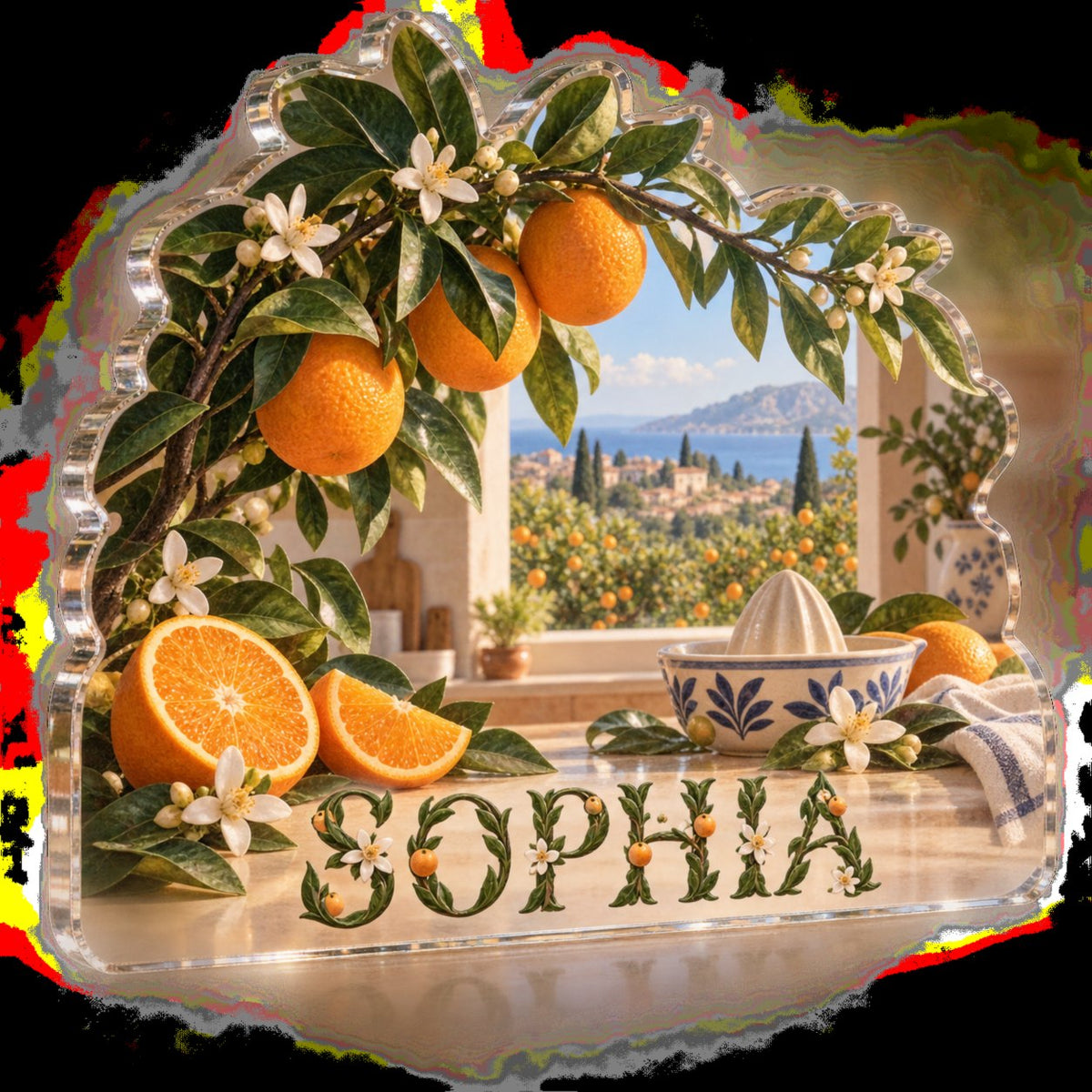 Personalized Orange Grove Kitchen Kitchen Identity custom shape acrylic plaque with an example name set into the artwork, digital preview