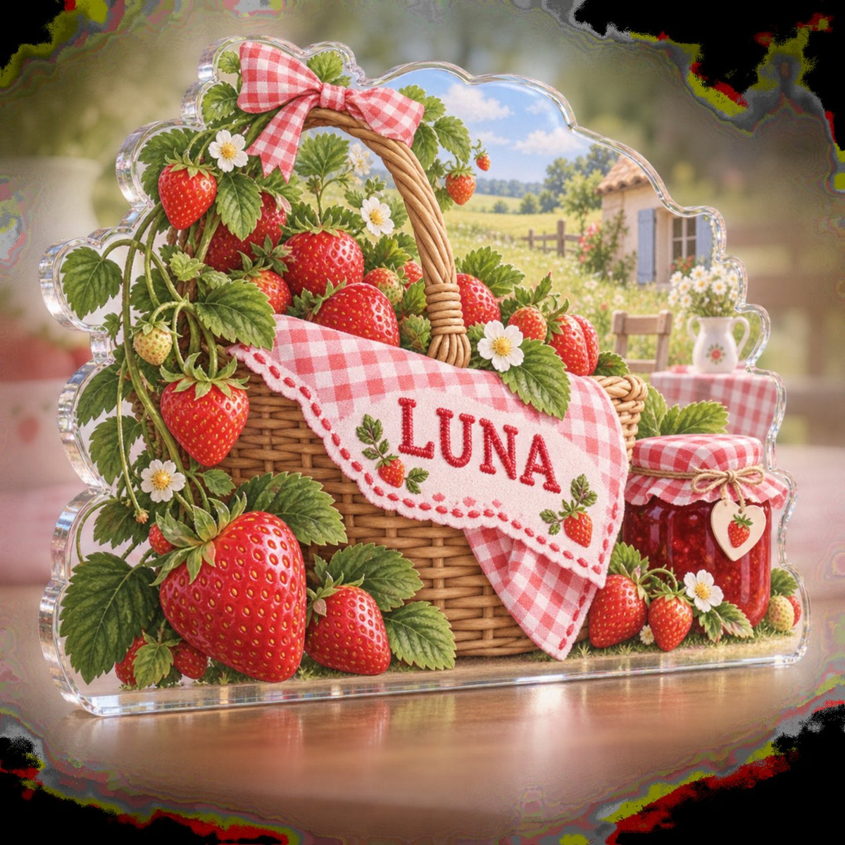 Personalized Strawberry Picnic Kitchen Identity custom shape acrylic plaque with an example name set into the artwork, digital preview