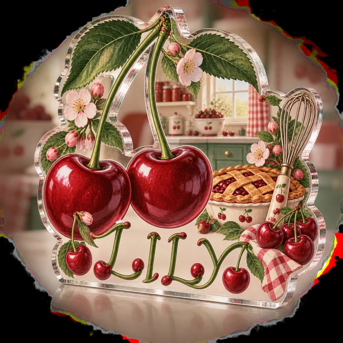 Personalized Cherry Kitchen Kitchen Identity custom shape acrylic plaque with an example name set into the artwork, digital preview
