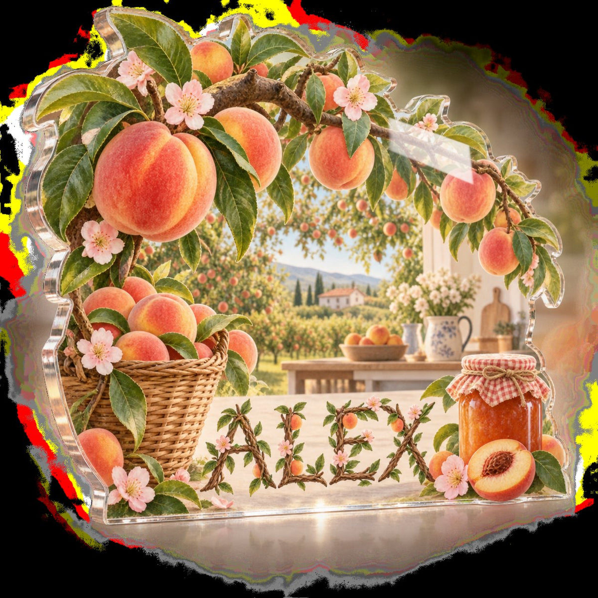 Personalized Peach Orchard Kitchen Identity custom shape acrylic plaque with an example name set into the artwork, digital preview
