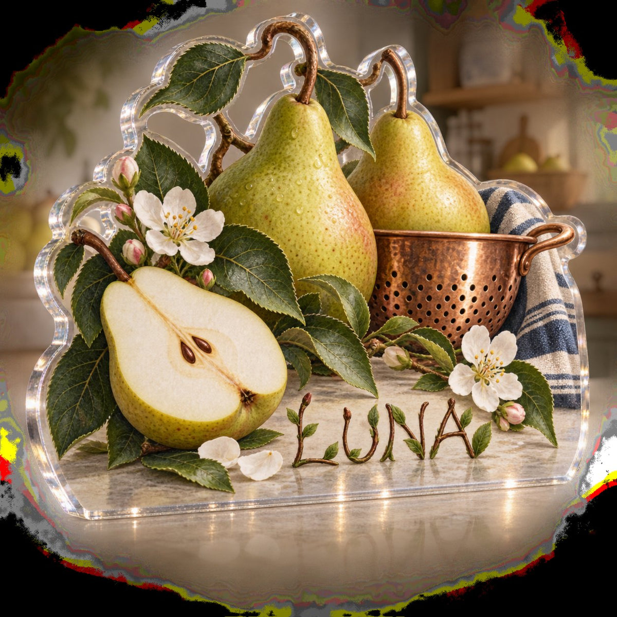 Personalized Pear Still Life Kitchen Identity custom shape acrylic plaque with an example name set into the artwork, digital preview