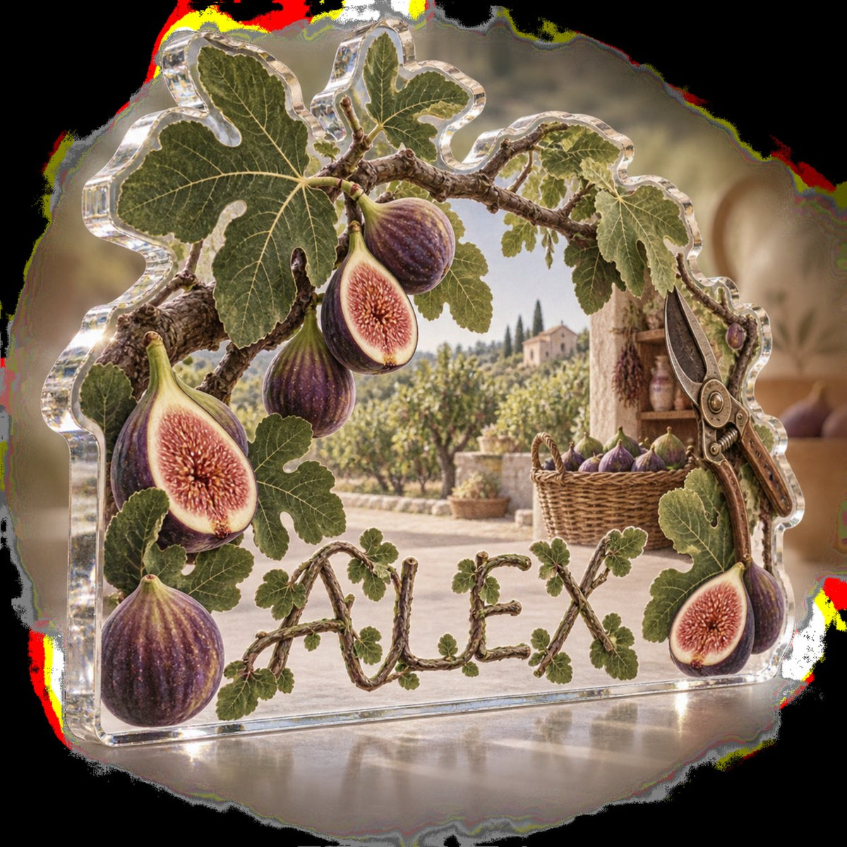 Personalized Fig Harvest Kitchen Identity custom shape acrylic plaque with an example name set into the artwork, digital preview