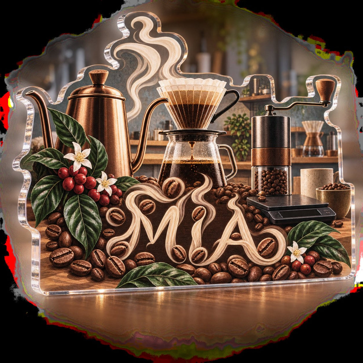 Personalized Coffee Brewing Tools Kitchen Identity custom shape acrylic plaque with an example name set into the artwork, digital preview
