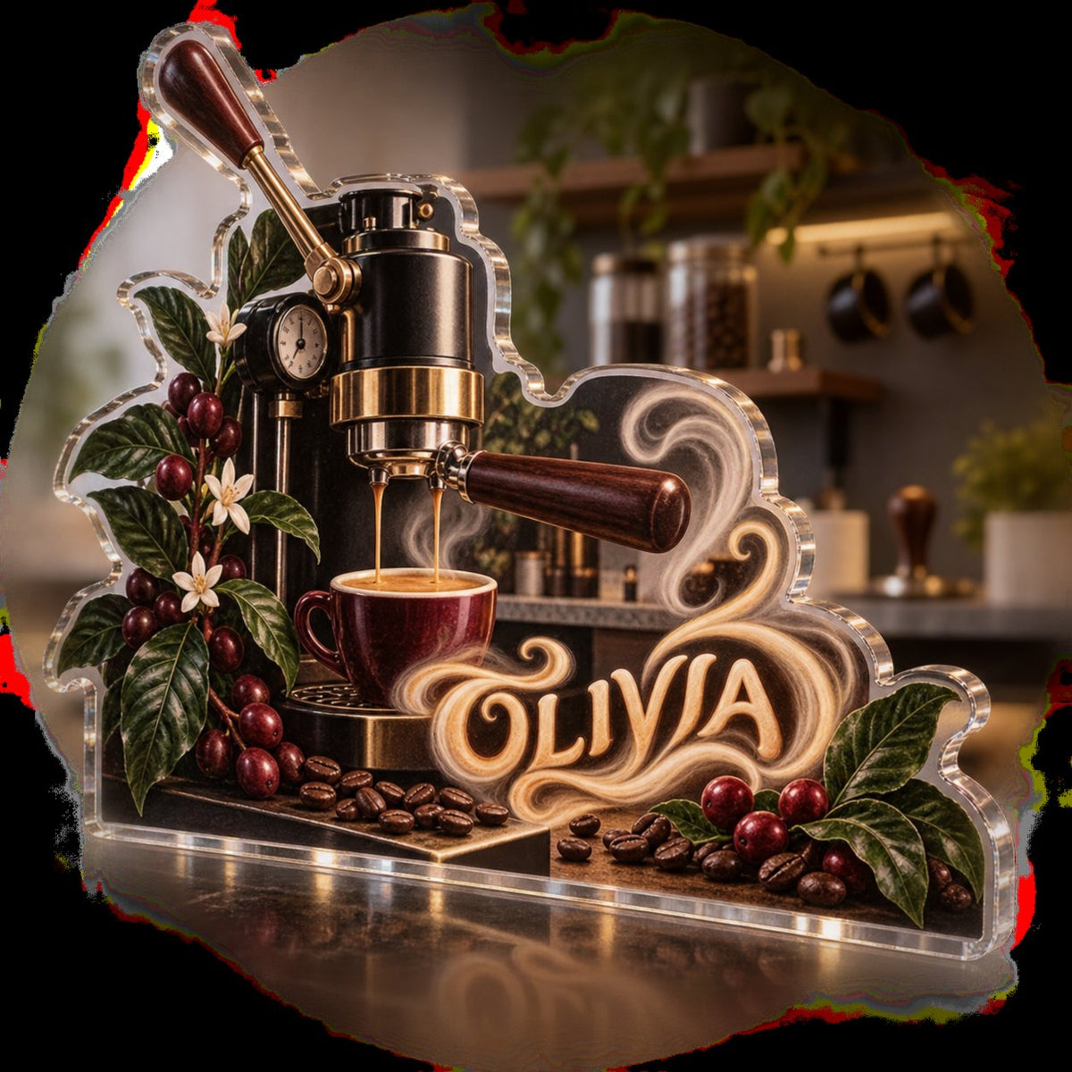 Personalized Espresso Corner Kitchen Identity custom shape acrylic plaque with an example name set into the artwork, digital preview