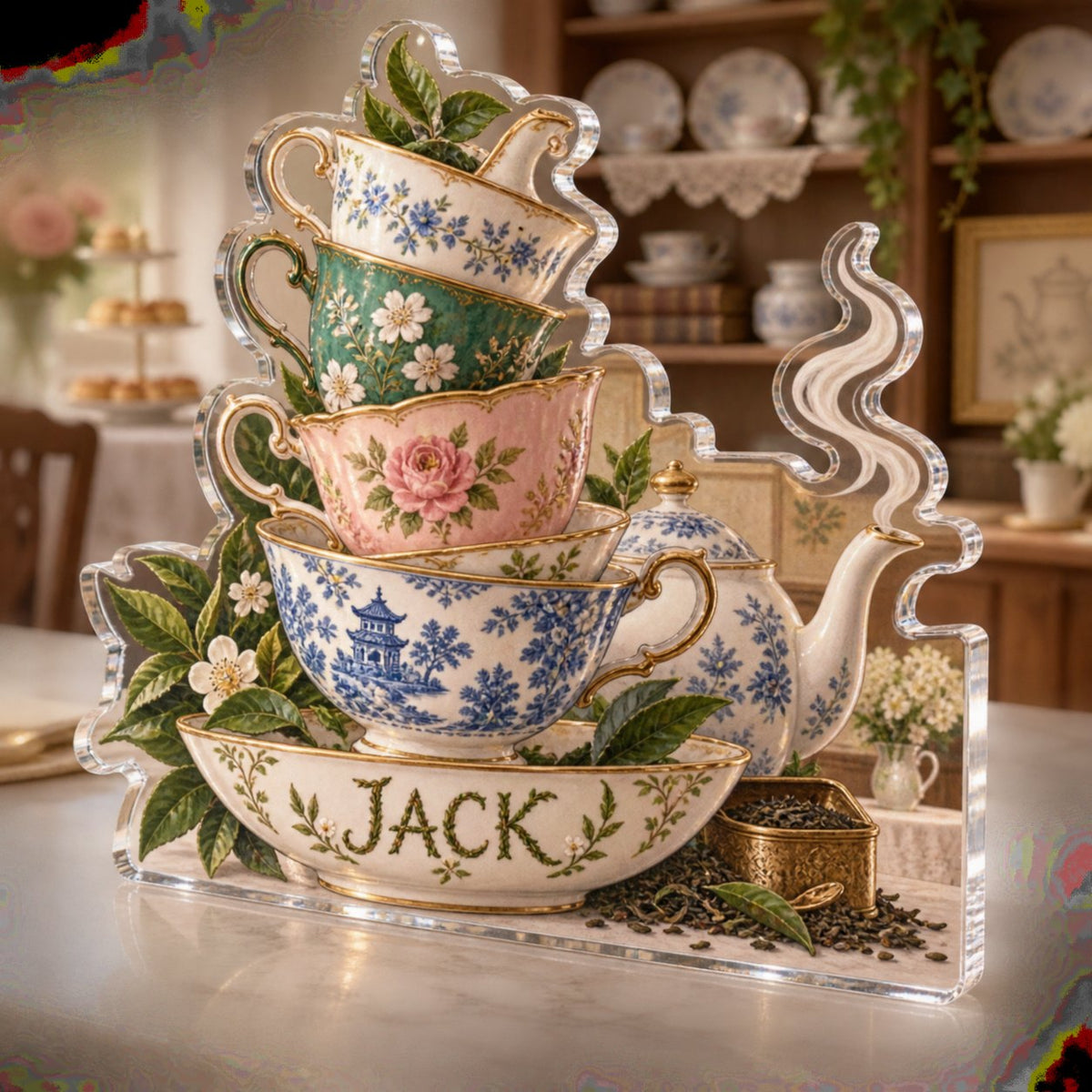 Personalized Tea Cup Collection Kitchen Identity custom shape acrylic plaque with an example name set into the artwork, digital preview