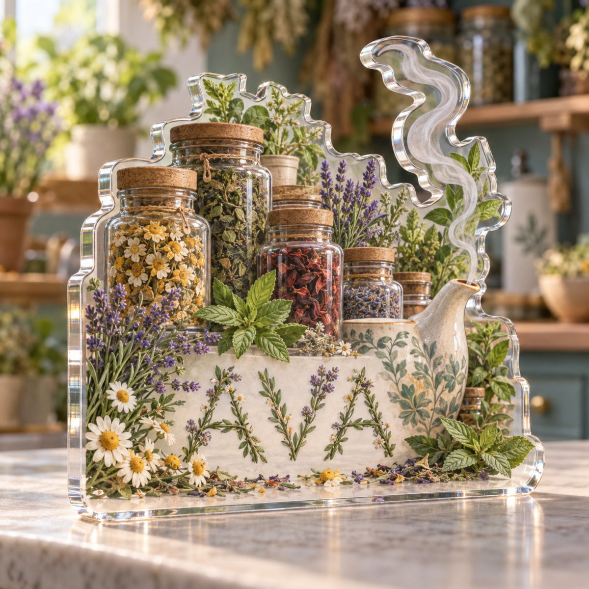 Personalized Herbal Tea Shelf Kitchen Identity custom shape acrylic plaque with an example name set into the artwork, digital preview