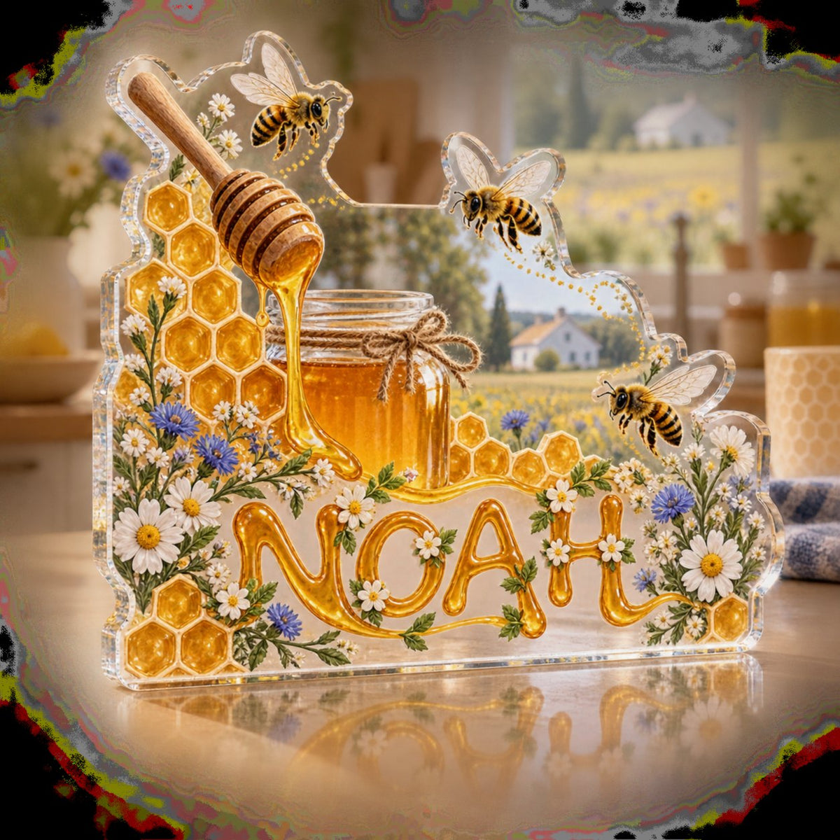 Personalized Honey And Bees Kitchen Identity custom shape acrylic plaque with an example name set into the artwork, digital preview