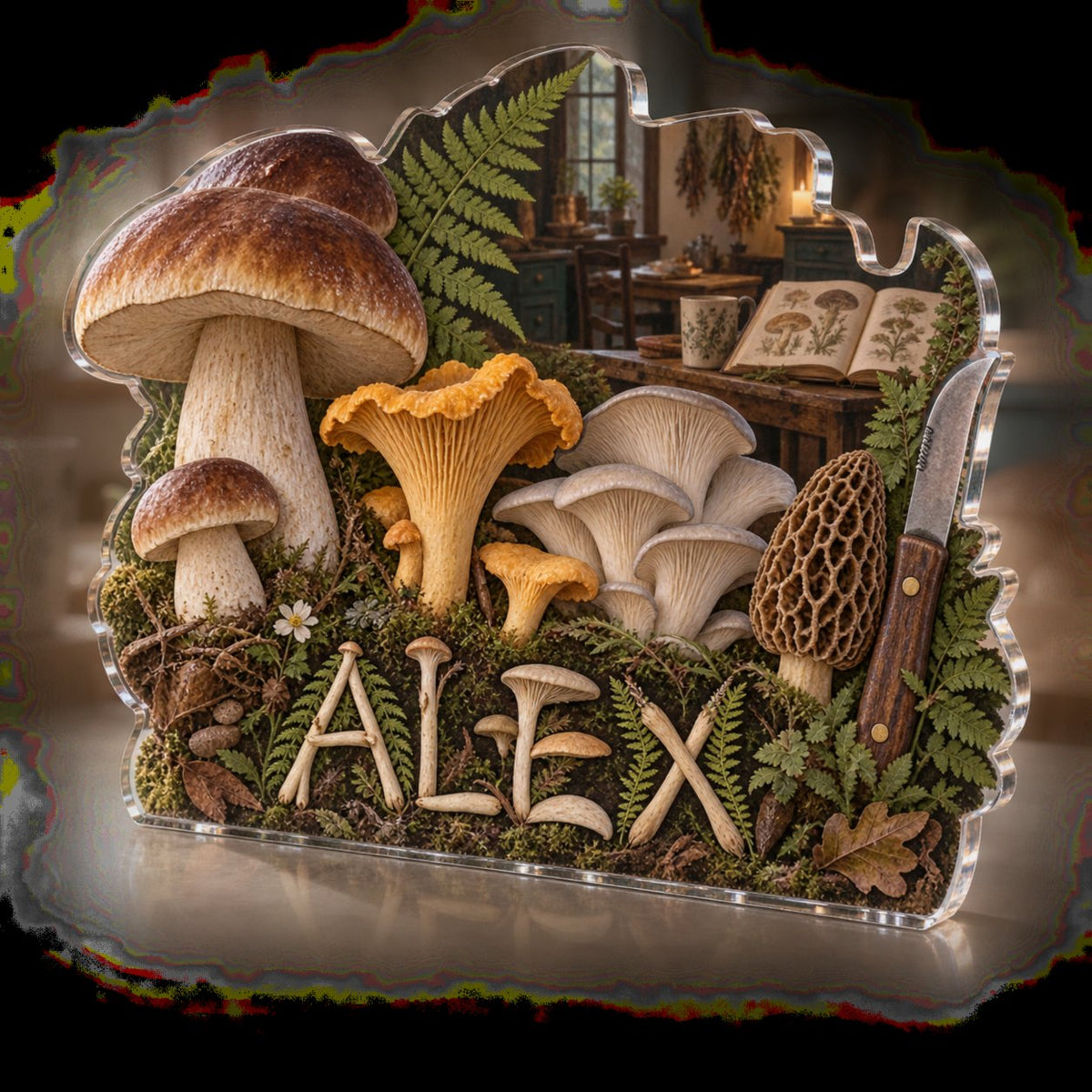 Personalized Mushroom Kitchen Study Kitchen Identity custom shape acrylic plaque with an example name set into the artwork, digital preview