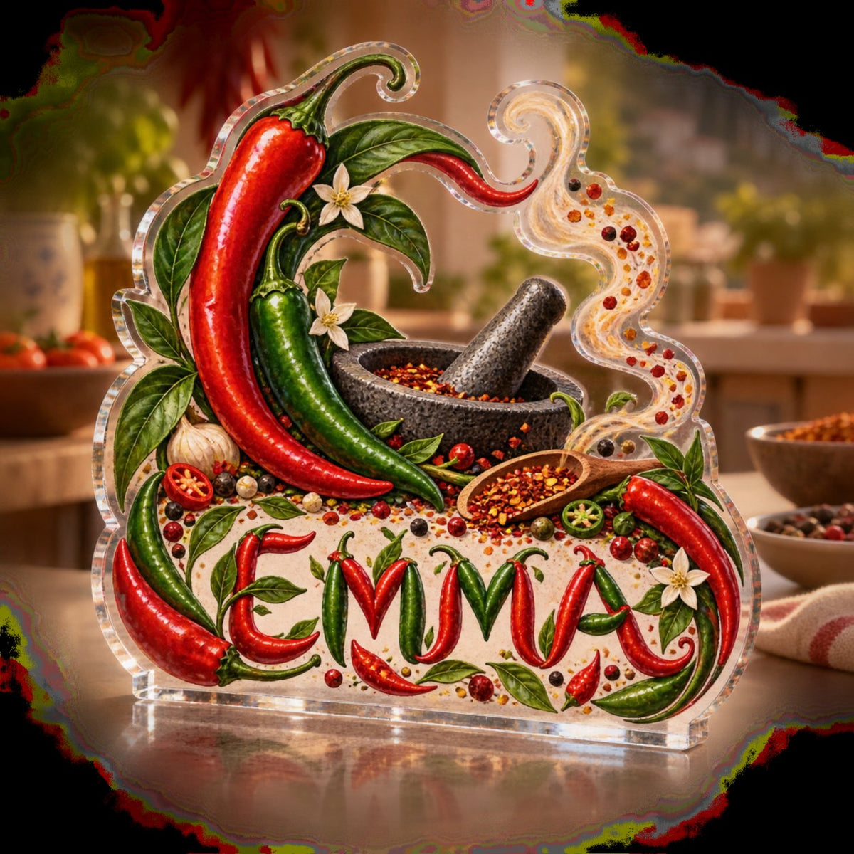 Personalized Chili Pepper Kitchen Kitchen Identity custom shape acrylic plaque with an example name set into the artwork, digital preview