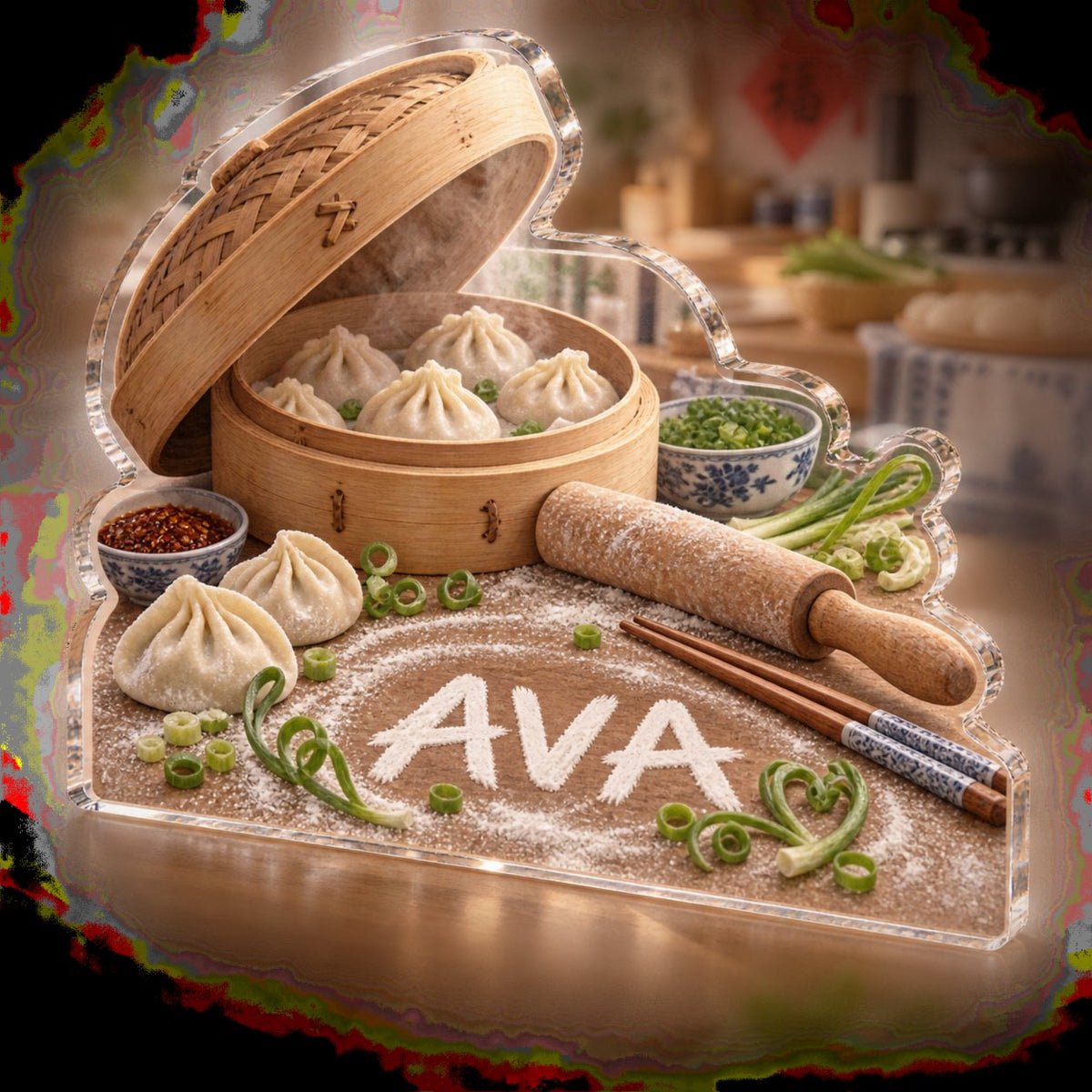 Personalized Dumpling Making Kitchen Identity custom shape acrylic plaque with an example name set into the artwork, digital preview