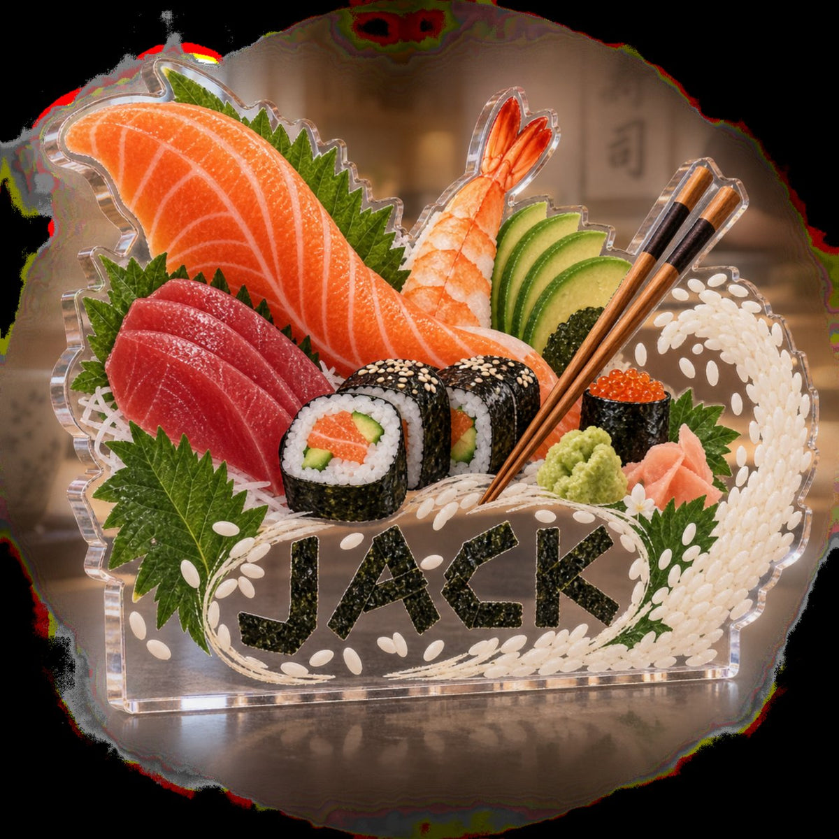Personalized Sushi Ingredient Illustration Kitchen Identity custom shape acrylic plaque with an example name set into the artwork, digital preview