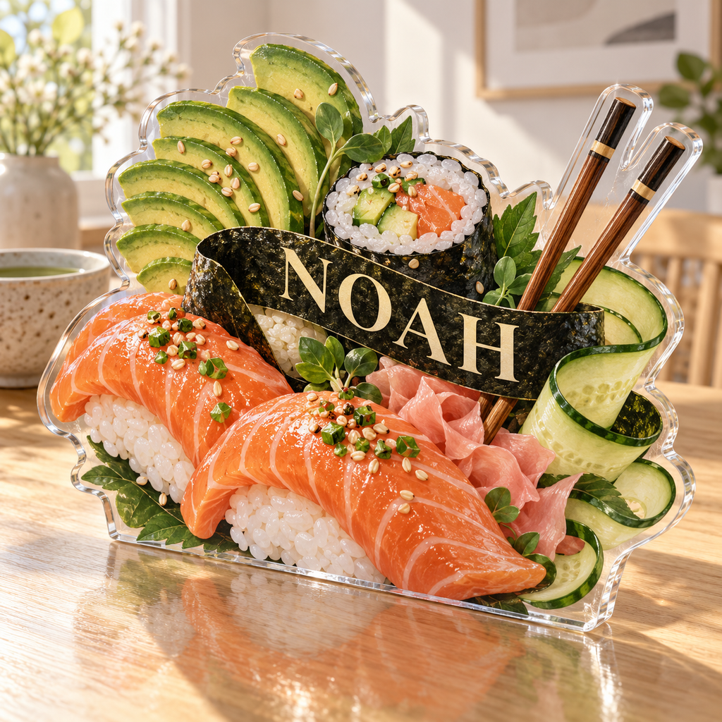 Artwork visualization: Sushi ingredient illustration — breakfast nook decoration, personalized NOAH, subject-shaped acrylic with printed optical 3D depth; not carved relief.
