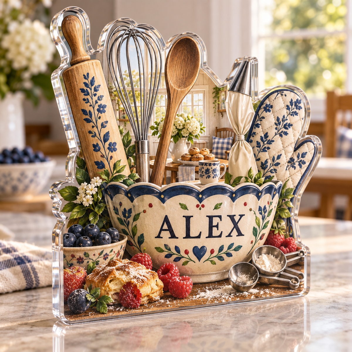Artwork visualization: Family baking tools — breakfast nook decoration, personalized ALEX, subject-shaped acrylic with printed optical 3D depth; not carved relief.