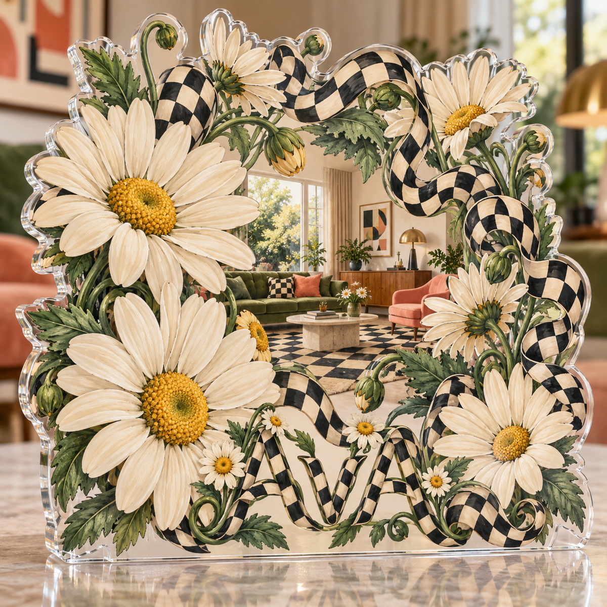 Artwork visualization: Checkerboard daisies — living room focal point, personalized AVA, subject-shaped acrylic with printed optical 3D depth; not carved relief.