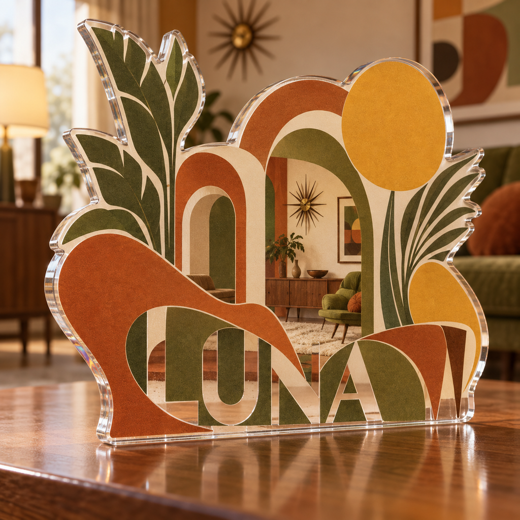 Artwork visualization: Mid century arches — living room focal point, personalized LUNA, subject-shaped acrylic with printed optical 3D depth; not carved relief.