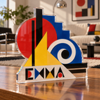 Artwork visualization: Bauhaus inspired geometry — living room focal point, personalized EMMA, subject-shaped acrylic with printed optical 3D depth; not carved relief.