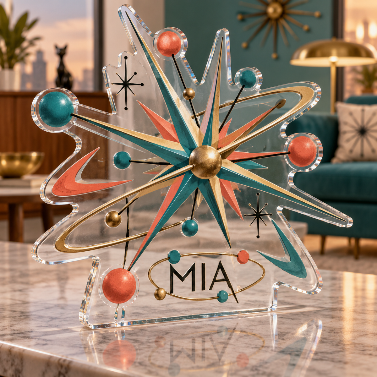 Artwork visualization: Atomic starburst — living room focal point, personalized MIA, subject-shaped acrylic with printed optical 3D depth; not carved relief.