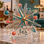 Artwork visualization: Atomic starburst — living room focal point, personalized MIA, subject-shaped acrylic with printed optical 3D depth; not carved relief.