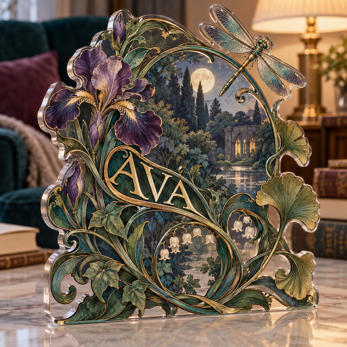 Artwork visualization: Art nouveau vines — quiet corner decoration, personalized AVA, subject-shaped acrylic with printed optical 3D depth; not carved relief.