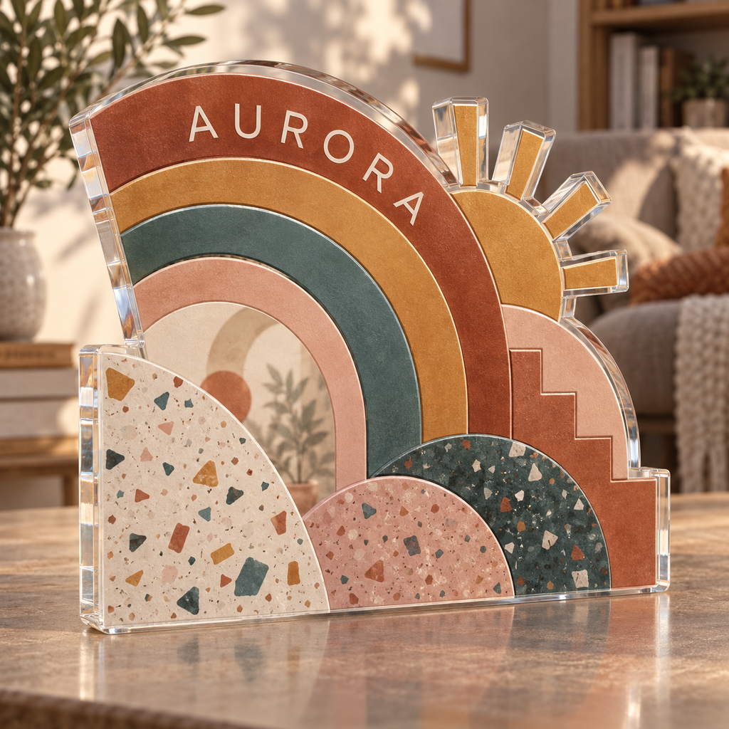 Artwork visualization: Geometric rainbow arcs — quiet corner decoration, personalized AURORA, subject-shaped acrylic with printed optical 3D depth; not carved relief.