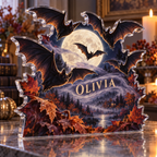 Artwork visualization: Full moon bats — family seasonal keepsake, personalized OLIVIA, subject-shaped acrylic with printed optical 3D depth; not carved relief.