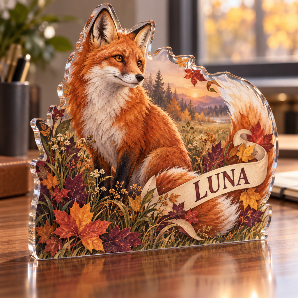Artwork visualization: Autumn fox meadow — office seasonal desk, personalized LUNA, subject-shaped acrylic with printed optical 3D depth; not carved relief.