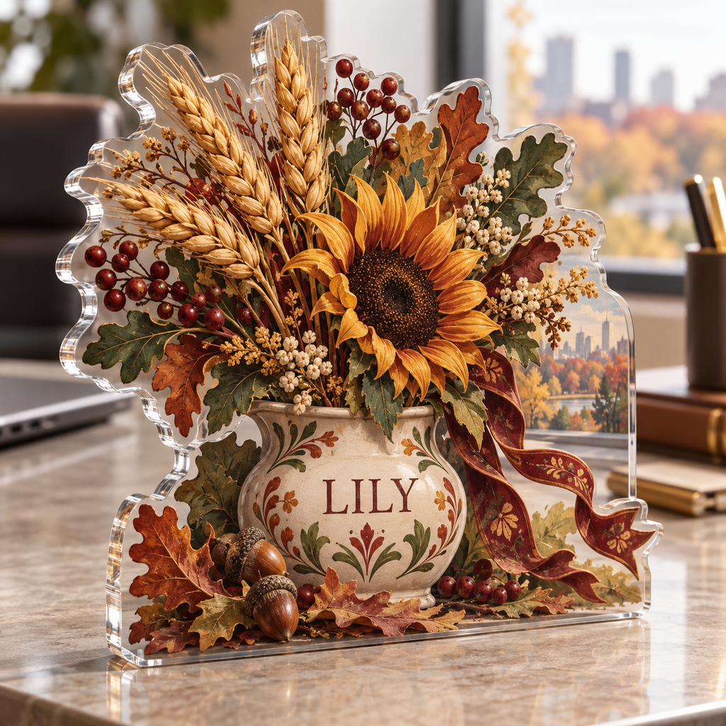 Artwork visualization: Folk harvest bouquet — office seasonal desk, personalized LILY, subject-shaped acrylic with printed optical 3D depth; not carved relief.