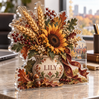 Artwork visualization: Folk harvest bouquet — office seasonal desk, personalized LILY, subject-shaped acrylic with printed optical 3D depth; not carved relief.