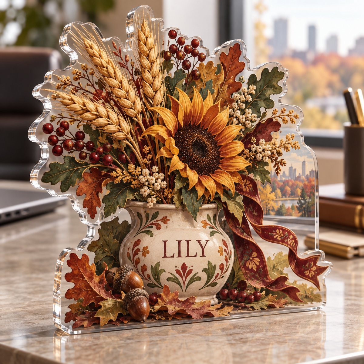 Artwork visualization: Folk harvest bouquet — office seasonal desk, personalized LILY, subject-shaped acrylic with printed optical 3D depth; not carved relief.