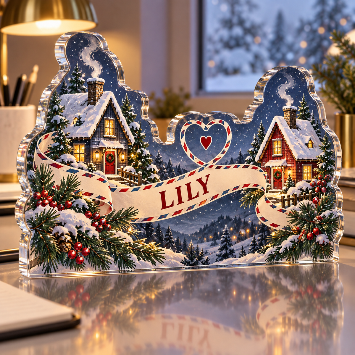 Artwork visualization: Long distance holiday family — office winter desk, personalized LILY, subject-shaped acrylic with printed optical 3D depth; not carved relief.
