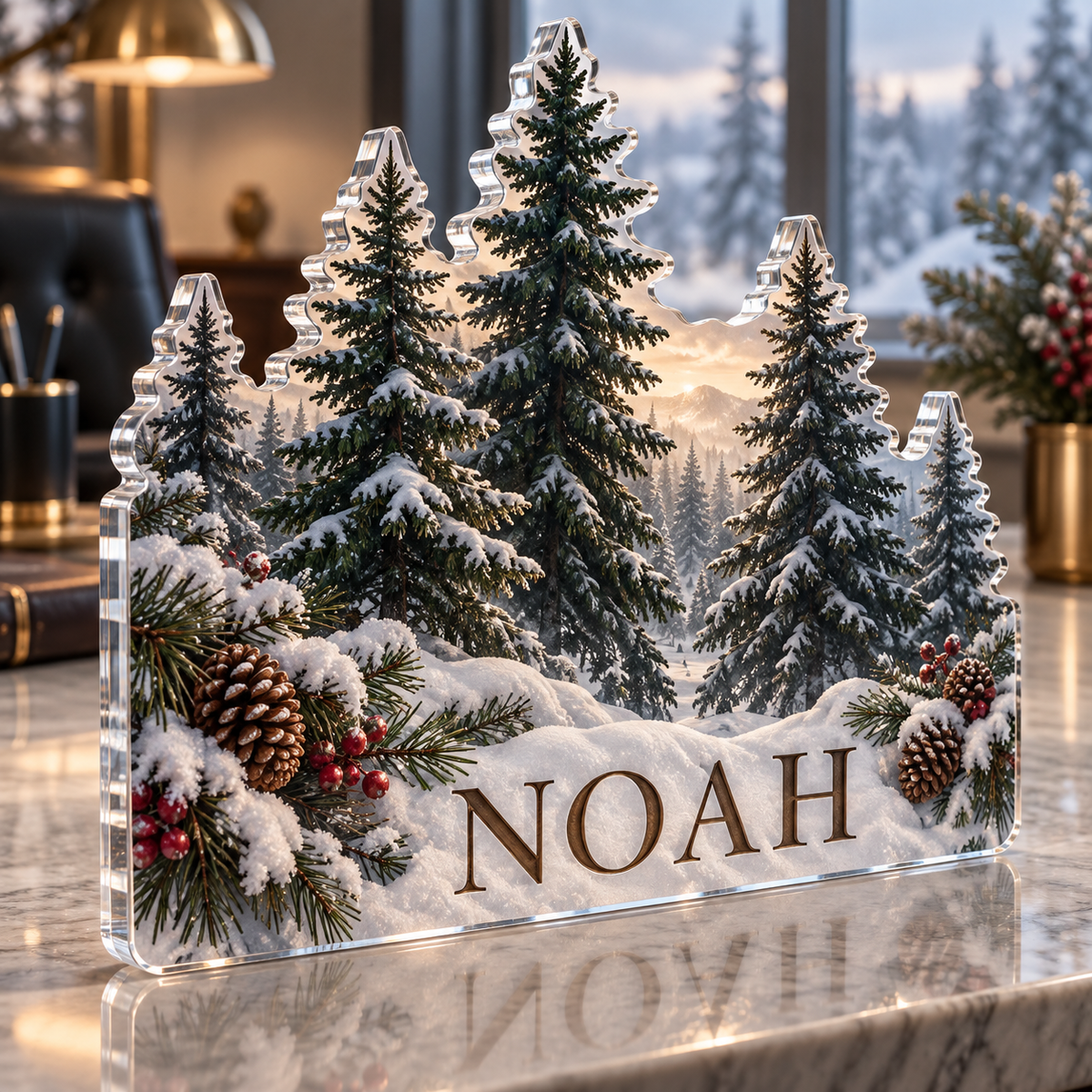 Artwork visualization: Minimal evergreen forest — office winter desk, personalized NOAH, subject-shaped acrylic with printed optical 3D depth; not carved relief.