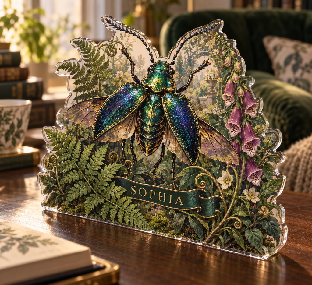 Artwork visualization: Botanical beetle study — quiet corner decoration, personalized SOPHIA, subject-shaped acrylic with printed optical 3D depth; not carved relief.