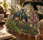 Artwork visualization: Botanical beetle study — quiet corner decoration, personalized SOPHIA, subject-shaped acrylic with printed optical 3D depth; not carved relief.