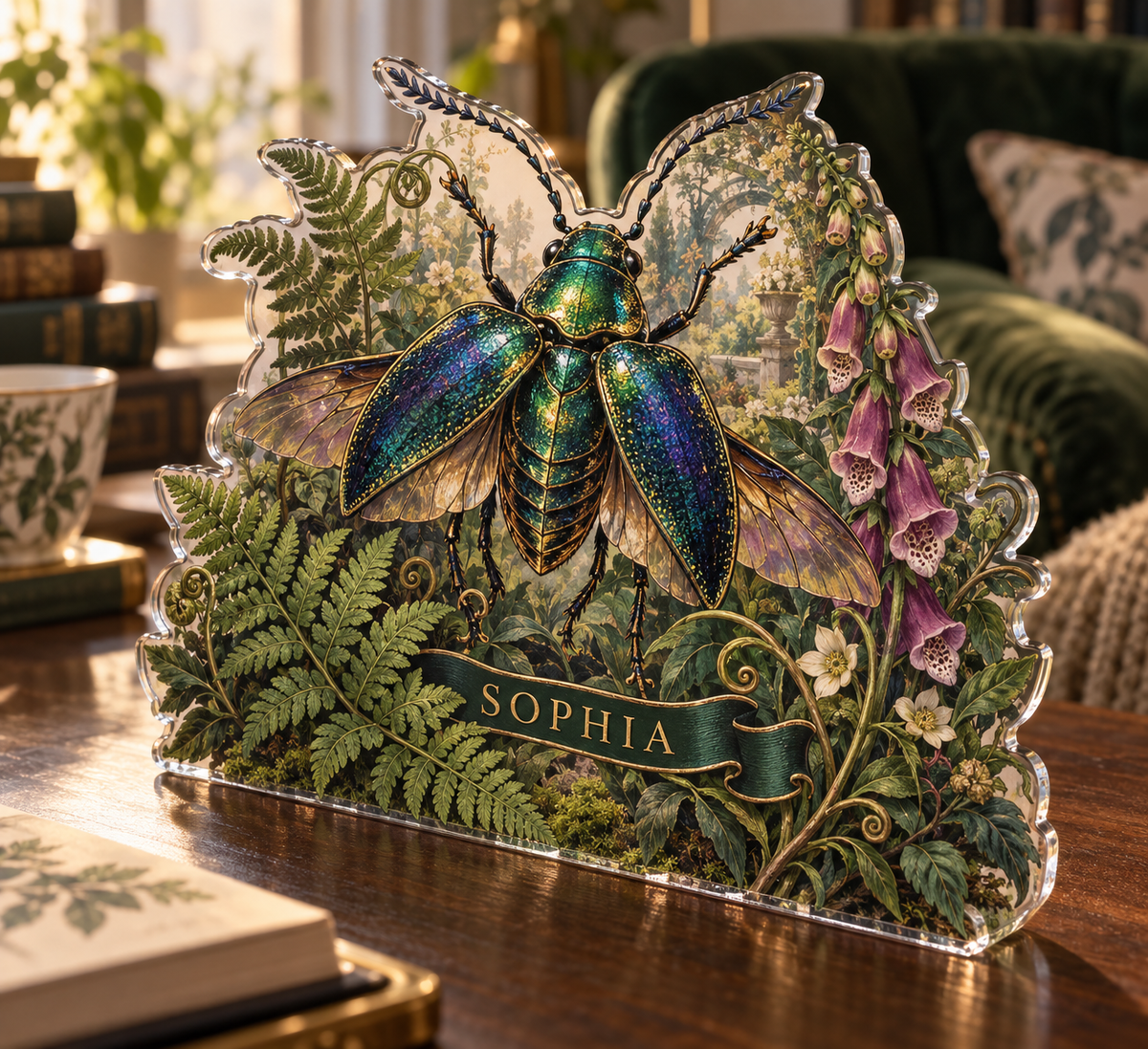 Artwork visualization: Botanical beetle study — quiet corner decoration, personalized SOPHIA, subject-shaped acrylic with printed optical 3D depth; not carved relief.